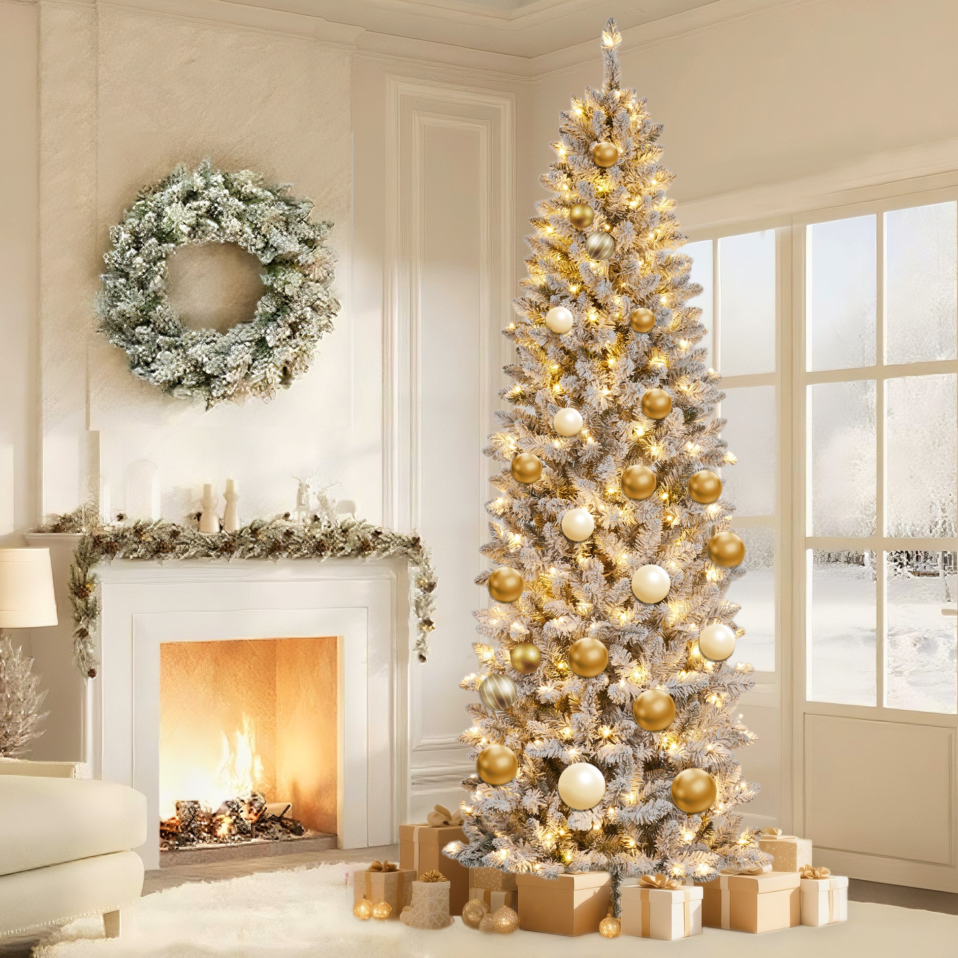Garvee 7.5ft Pre-lit Artificial Christmas Tree, Snow-Flocked Pencil Xmas Tree with Warm White Lights, Snowy PVC Branch Tips, Seasonal Decoration Tree for Home Office
