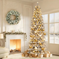 Garvee 7.5ft Pre-lit Artificial Christmas Tree, Snow-Flocked Pencil Xmas Tree with Warm White Lights, Snowy PVC Branch Tips, Seasonal Decoration Tree for Home Office