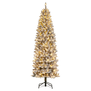 Garvee 12ft Pre-lit Artificial Christmas Tree, Snow-Flocked Pencil Xmas Tree with Warm White Lights, Snowy PVC Branch Tips, Seasonal Decoration Tree for Home Office