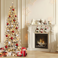 Garvee 9ft Pre-lit Artificial Christmas Tree, Snow-Flocked Pencil Xmas Tree with Warm White Lights, Snowy PVC Branch Tips, Seasonal Decoration Tree for Home Office