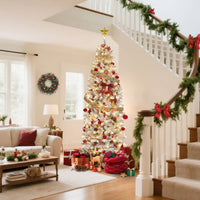 Garvee 9ft Pre-lit Artificial Christmas Tree, Snow-Flocked Pencil Xmas Tree with Warm White Lights, Snowy PVC Branch Tips, Seasonal Decoration Tree for Home Office