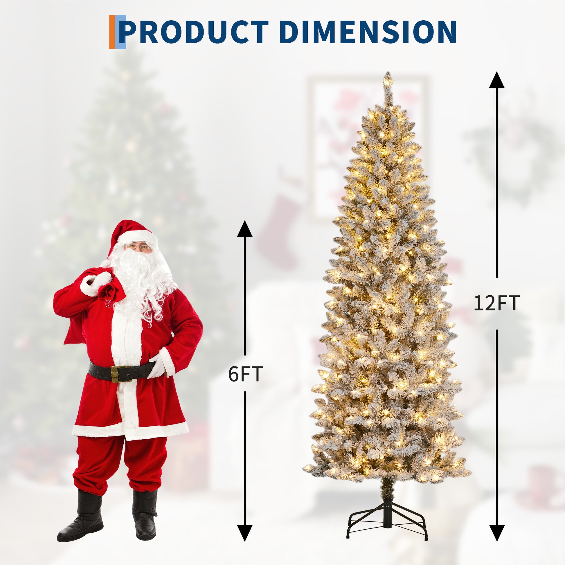 Garvee 9ft Pre-lit Artificial Christmas Tree, Snow-Flocked Pencil Xmas Tree with Warm White Lights, Snowy PVC Branch Tips, Seasonal Decoration Tree for Home Office