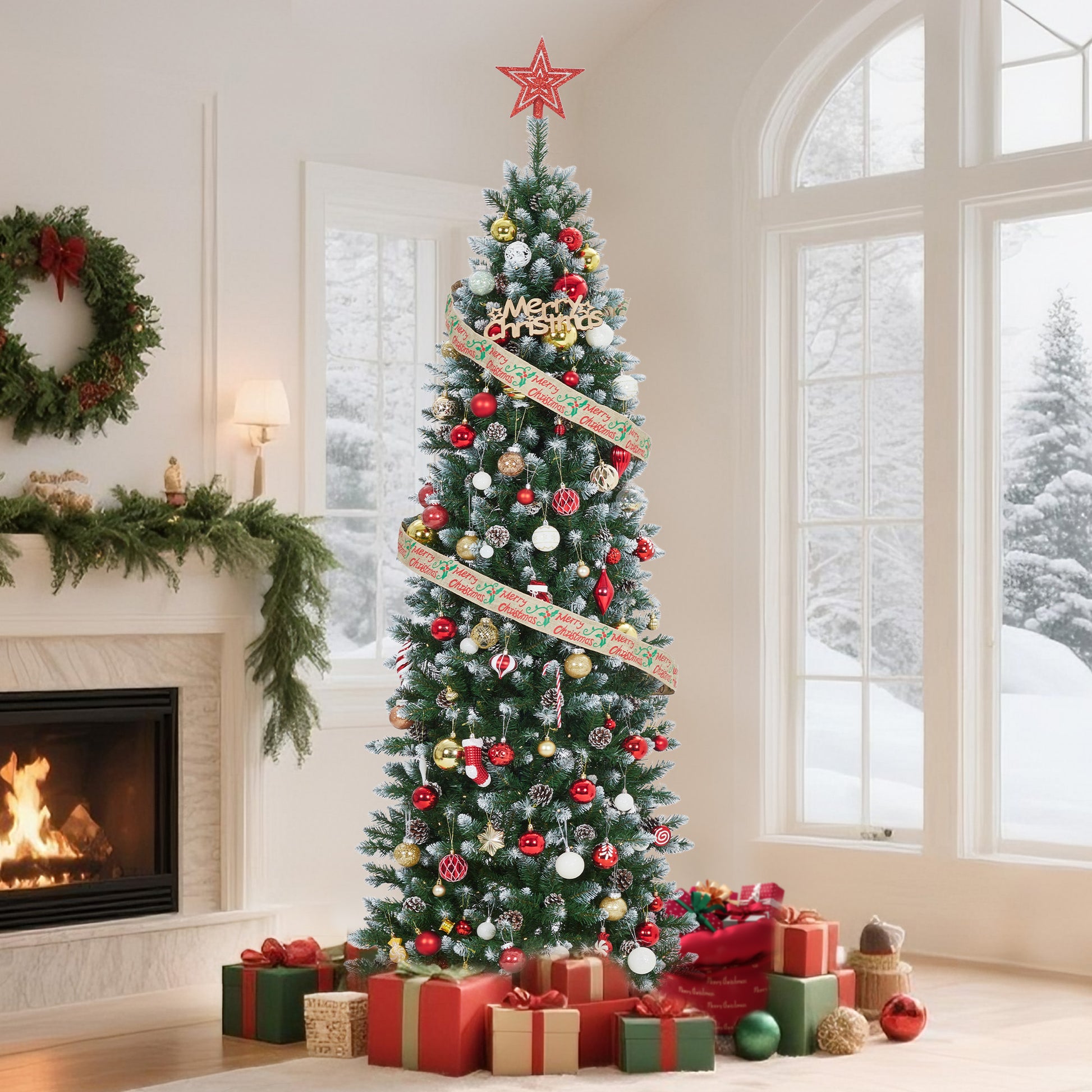 Garvee 7.5ft Pre-Lit Pencil Christmas Tree, Artificial Hinged Xmas Tree with 854 Snow Flocked Tips, 350 Warm-White LED Lights, Metal Stand, Fake Slim Christmas Trees for Indoor/Outdoor Decor