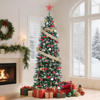 Garvee 7.5ft Pre-Lit Pencil Christmas Tree, Artificial Hinged Xmas Tree with 854 Snow Flocked Tips, 350 Warm-White LED Lights, Metal Stand, Fake Slim Christmas Trees for Indoor/Outdoor Decor