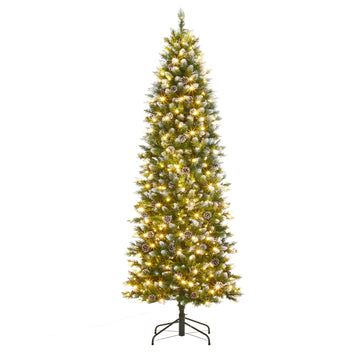 Garvee 12ft Large Pre-Lit Pencil Christmas Tree, Artificial Hinged Xmas Tree with Snow Flocked Tips, Warm-White LED Lights and Metal Stand, Fake Slim Christmas Trees for Indoor/Outdoor Decor