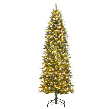 Garvee 12ft Large Pre-Lit Pencil Christmas Tree, Artificial Hinged Xmas Tree with Snow Flocked Tips, Warm-White LED Lights and Metal Stand, Fake Slim Christmas Trees for Indoor/Outdoor Decor
