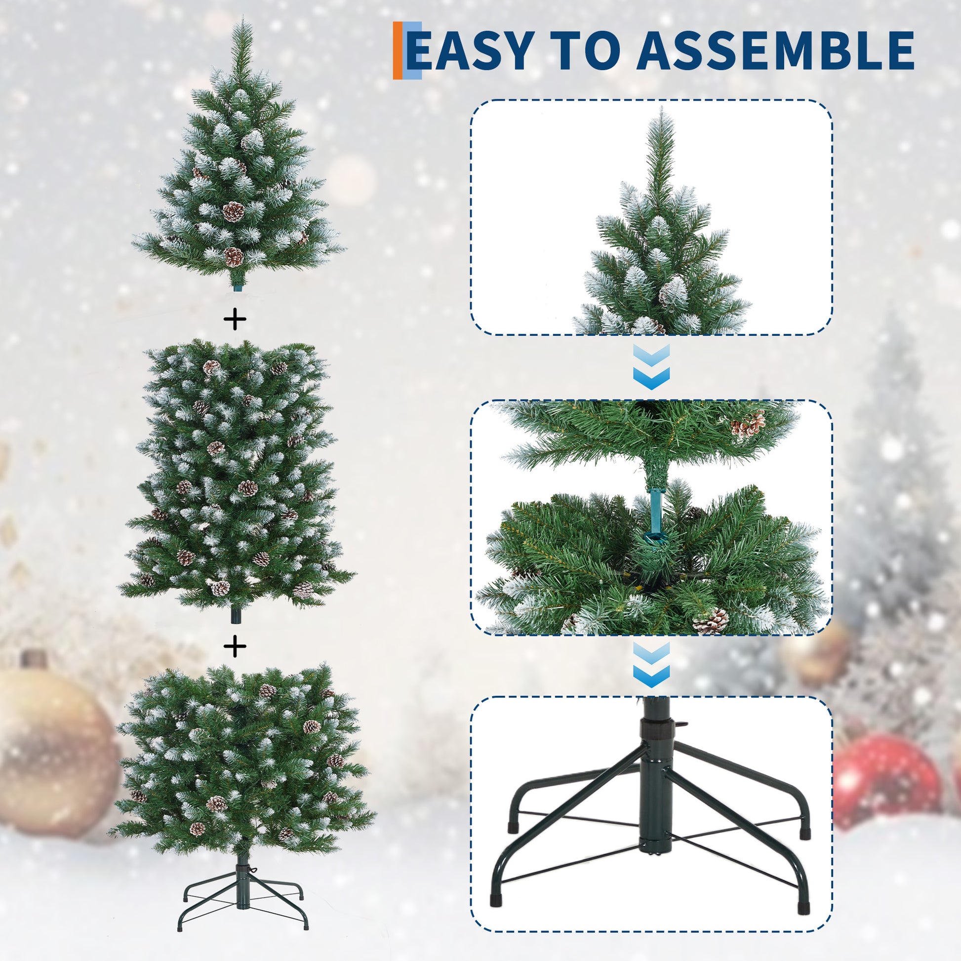 Garvee 9ft Pre-Lit Pencil Christmas Tree, Artificial Hinged Xmas Tree with 1106 Snow Flocked Tips, 450 Warm-White LED Lights, Metal Stand, Fake Slim Christmas Trees for Indoor/Outdoor Decor
