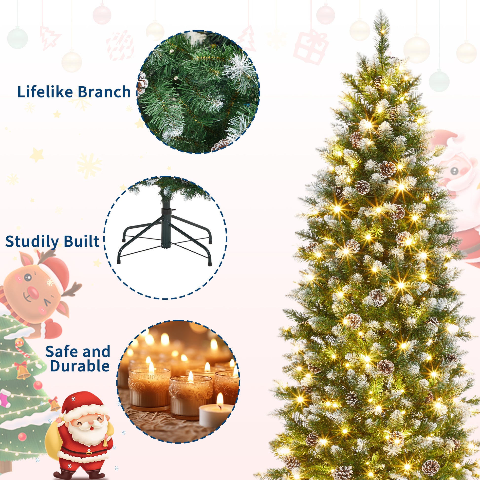 Garvee 6ft Pre-Lit Pencil Christmas Tree, Artificial Hinged Xmas Tree with 580 Snow Flocked Tips, 280 Warm-White LED Lights, Metal Stand, Fake Slim Christmas Trees for Indoor/Outdoor Decor