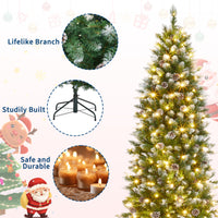Garvee 6ft Pre-Lit Pencil Christmas Tree, Artificial Hinged Xmas Tree with 580 Snow Flocked Tips, 280 Warm-White LED Lights, Metal Stand, Fake Slim Christmas Trees for Indoor/Outdoor Decor
