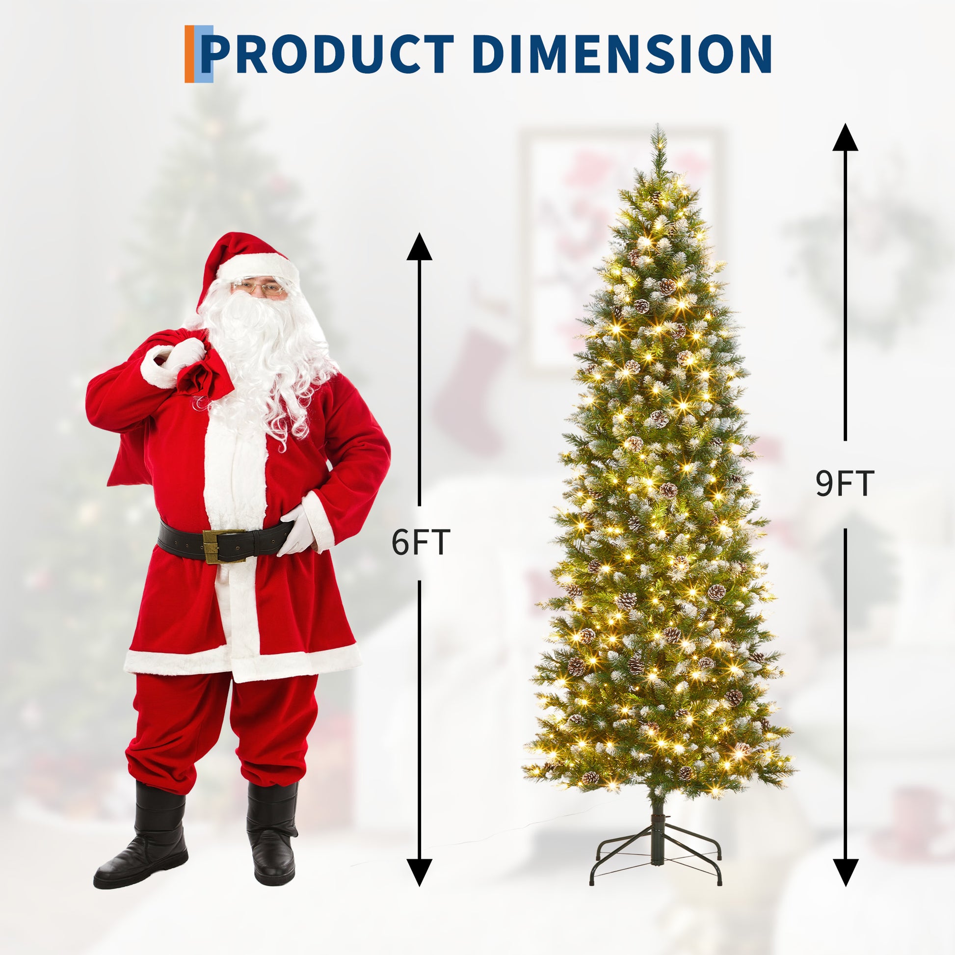 Garvee 9ft Pre-Lit Pencil Christmas Tree, Artificial Hinged Xmas Tree with 1106 Snow Flocked Tips, 450 Warm-White LED Lights, Metal Stand, Fake Slim Christmas Trees for Indoor/Outdoor Decor