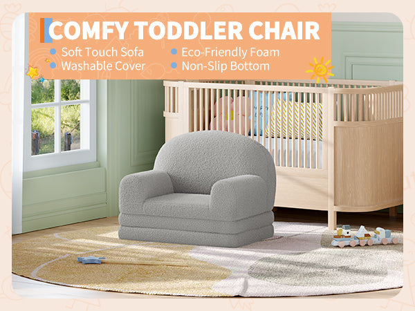 Garvee Foldable Lambswool Toddler Couch in Semi-Circular Design for Reading and Playroom, Grey