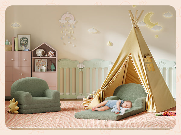 Garvee Foldable Lambswool Toddler Couch in Semi-Circular Design for Reading and Playroom, Green