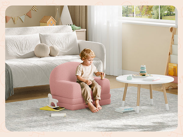 Garvee Foldable Lambswool Toddler Couch in Semi-Circular Design for Reading and Playroom, Pink