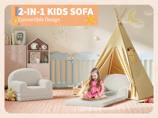 Garvee Foldable Lambswool Toddler Couch in Semi-Circular Design for Reading and Playroom, White