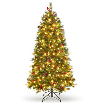 Garvee 6ft Prelit Christmas Tree, Pencil Christmas Tree with Pine Cones & Berries, 250 Warm White Lights-8 Modes, Metal Stand, PE & PVC Xmas Trees for Porch, Church, Home Decor