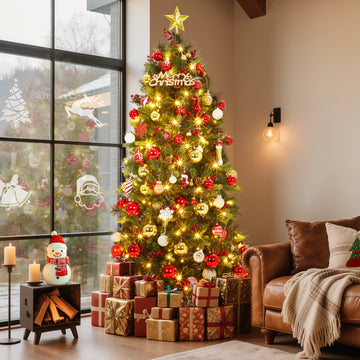 Garvee 6ft Prelit Christmas Tree, Pencil Christmas Tree with Pine Cones & Berries, 250 Warm White Lights-8 Modes, Metal Stand, PE & PVC Xmas Trees for Porch, Church, Home Decor