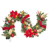 Garvee 6ft Pre-Lit Christmas Garland with 20 LED Lights, Greenery Xmas Garland with Red, Gold & Silver Ball Ornaments, Flowers, Ribbons, Battery Operated, for Indoor Outdoor, Mantel, Fireplace