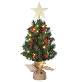 Garvee Mini Christmas Tree with Lights, 24 Inch Tabletop Christmas Tree with Berries Star Treetop Ornaments Balls Artificial Small Xmas Tree for Table Desk Home Christmas Holiday Decor - Linen