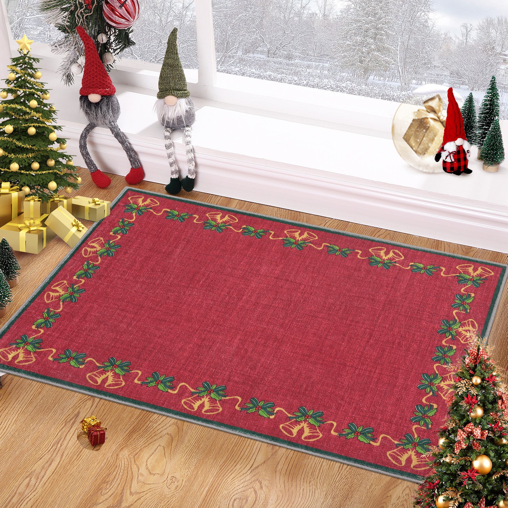Garvee Christmas Area Rugs, Red 2'x3' Bells Holly Berry Ribbon Garland Traditions Throw Carpets for Living Room Bedroom Kitchen Dining Room Nursery Office