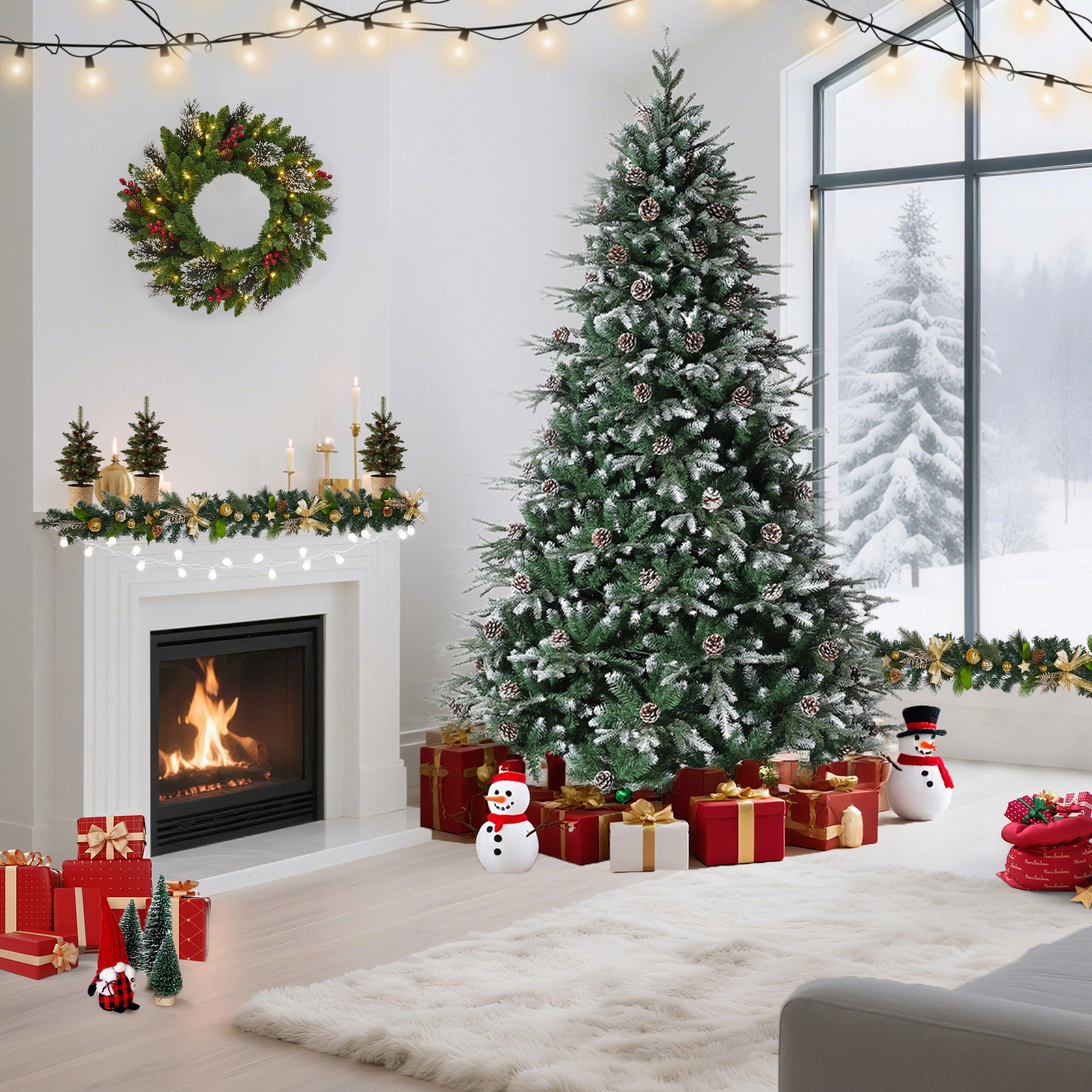 Garvee 6ft Pre-Lit Snow Flocked Christmas Tree, Artificial Hinged Xmas Tree with 300 Dual Color Incandescent Lights, 1162 Branch Tips, Natural Pinecones, Metal Stand, for Holiday Office Home Decor