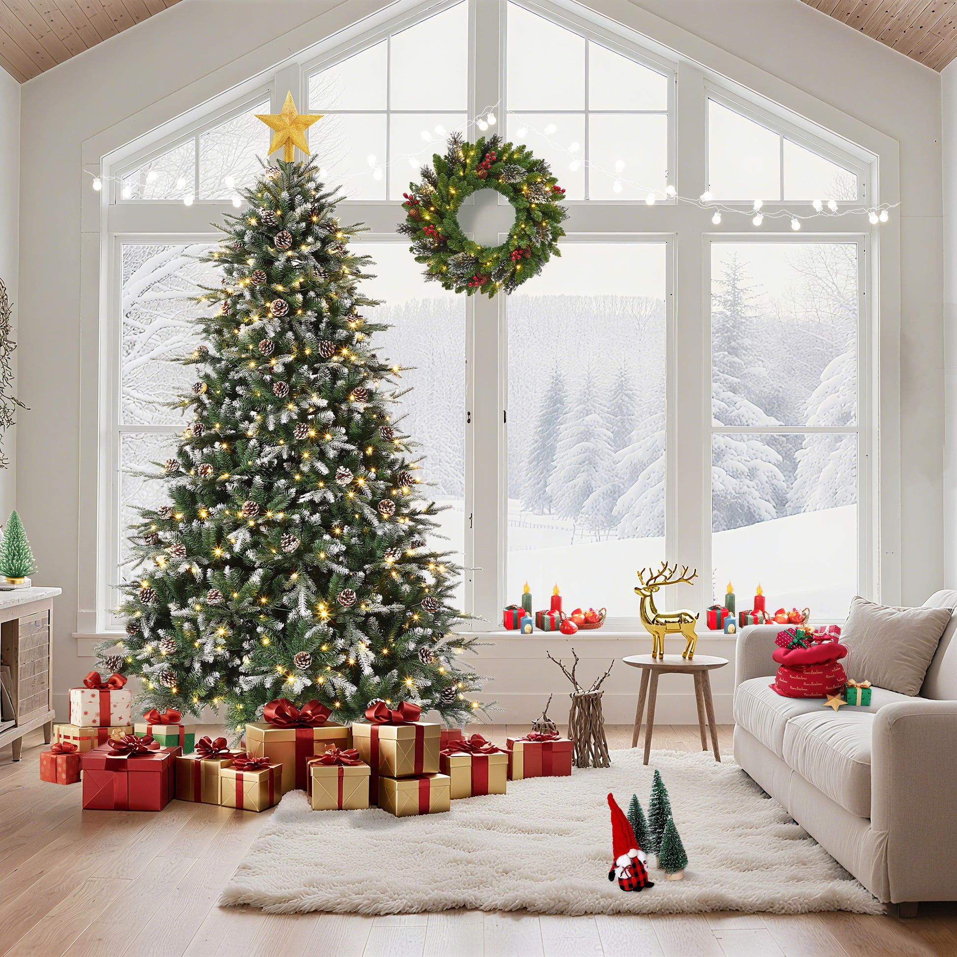 Garvee 6ft Pre-Lit Snow Flocked Christmas Tree, Artificial Hinged Xmas Tree with 300 Dual Color Incandescent Lights, 1162 Branch Tips, Natural Pinecones, Metal Stand, for Holiday Office Home Decor