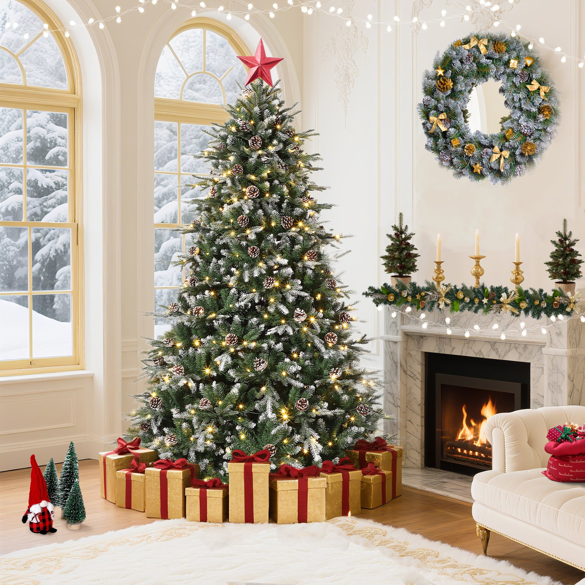 Garvee 6ft Pre-Lit Snow Flocked Christmas Tree, Artificial Hinged Xmas Tree with 300 Dual Color Incandescent Lights, 1162 Branch Tips, Natural Pinecones, Metal Stand, for Holiday Office Home Decor