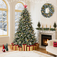 Garvee 9ft Pre-Lit Pencil Christmas Tree, Artificial Snow Flocked Hinged Fake Slim Xmas Tree with 800 Dual Color LED Lights, 2716 Branch Tips, 98 Pine Cones, for Office Home Decoration