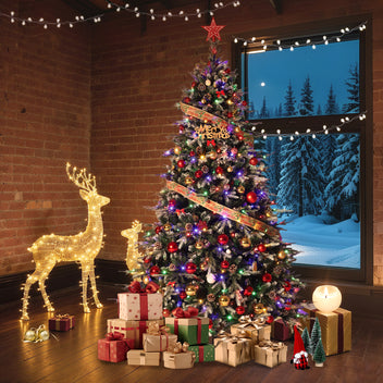Garvee 9ft Pre-Lit Pencil Christmas Tree, Artificial Snow Flocked Hinged Fake Slim Xmas Tree with 800 Dual Color LED Lights, 2716 Branch Tips, 98 Pine Cones, for Office Home Decoration