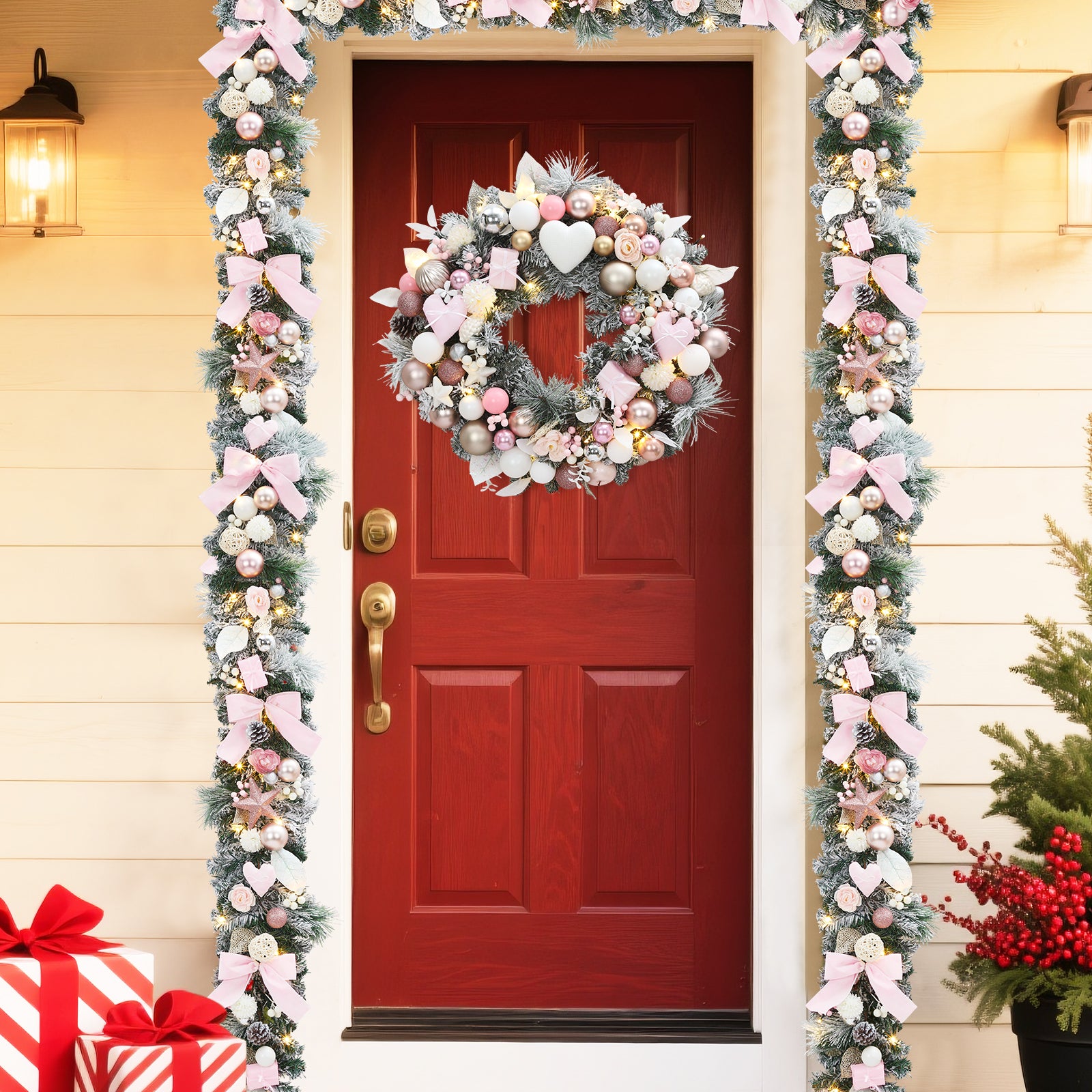 Garvee 24 Inch Prelit Christmas Wreath, Waterproof Battery Operated Light-Up Christmas Wreaths with 20 Led, Heart & Gift Box Ornaments, Xmas Decoration for Indoors Outdoors, Pink