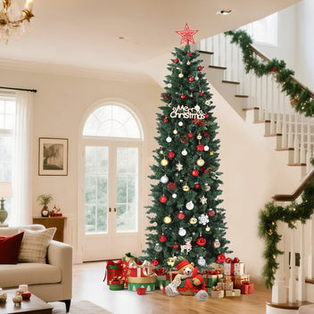 Garvee 9ft Christmas Tree, Prelit Artificial Pencil Xmas Tree with Dual-color LED Lights, Easy Assemble, Xmas Decor for Home Party Office Mall Holiday