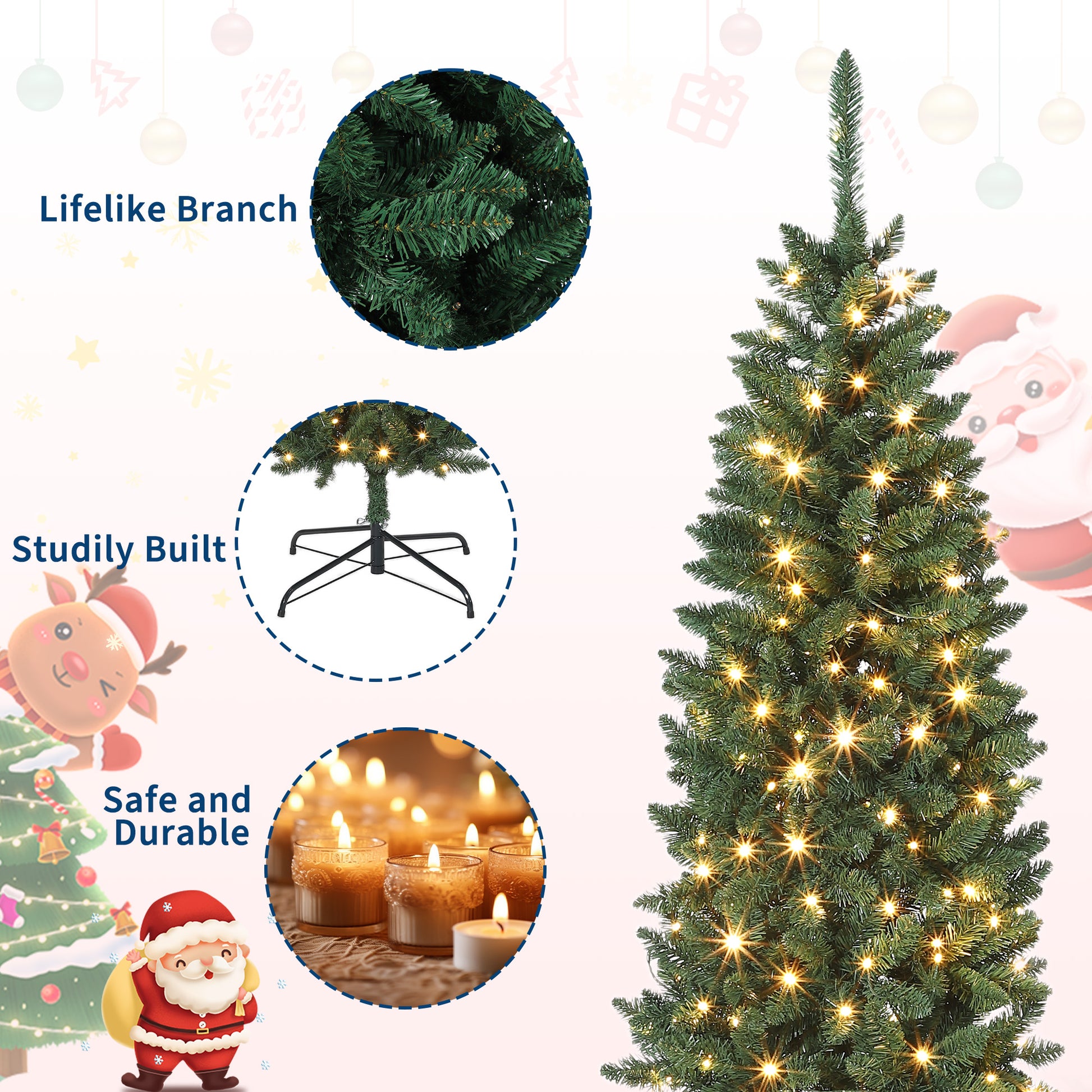Garvee 9ft Christmas Tree, Prelit Artificial Pencil Xmas Tree with Dual-color LED Lights, Easy Assemble, Xmas Decor for Home Party Office Mall Holiday