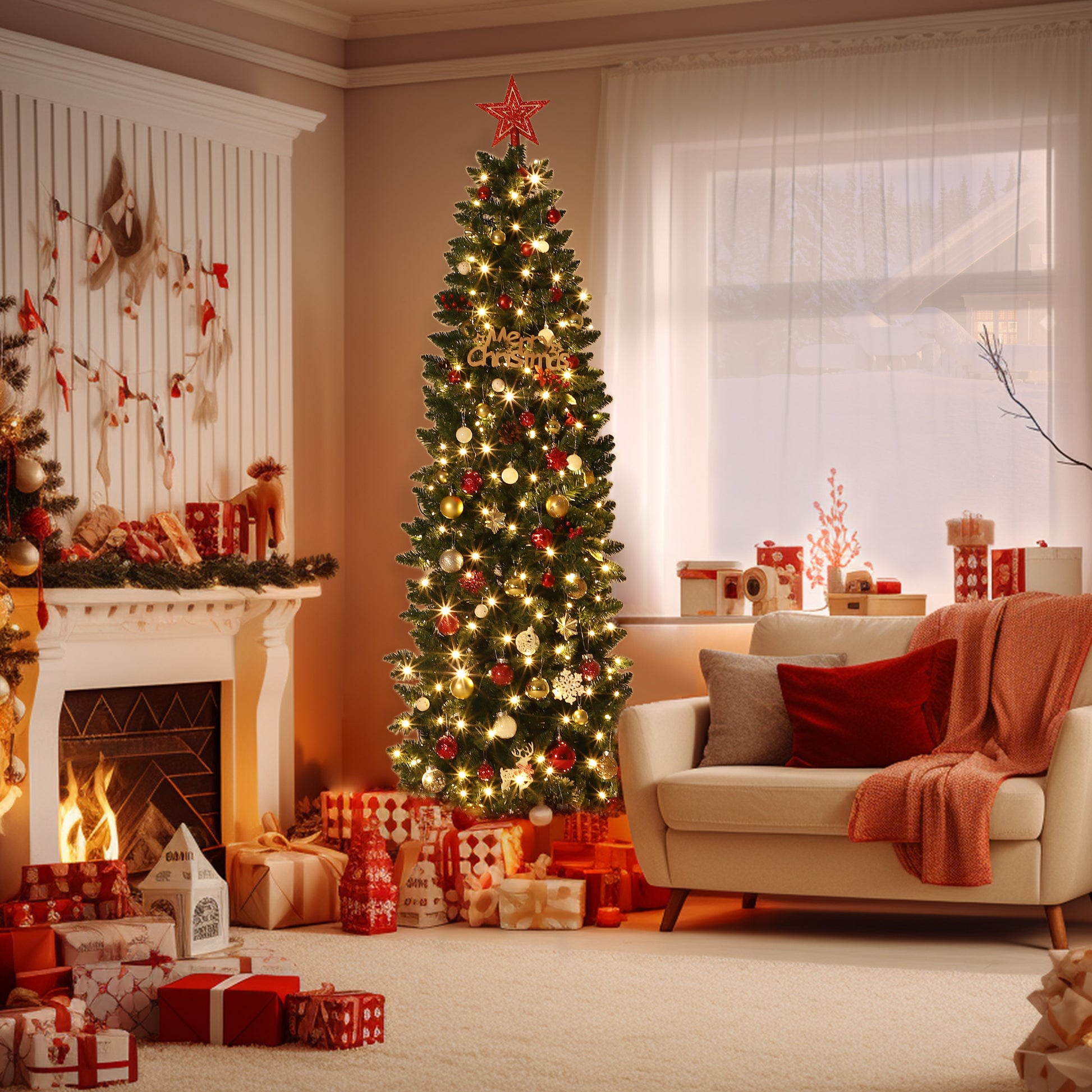 Garvee 12ft Christmas Tree, Prelit Artificial Pencil Xmas Tree with Dual-color LED Lights, Easy Assemble, Xmas Decor for Home Party Office Mall Holiday