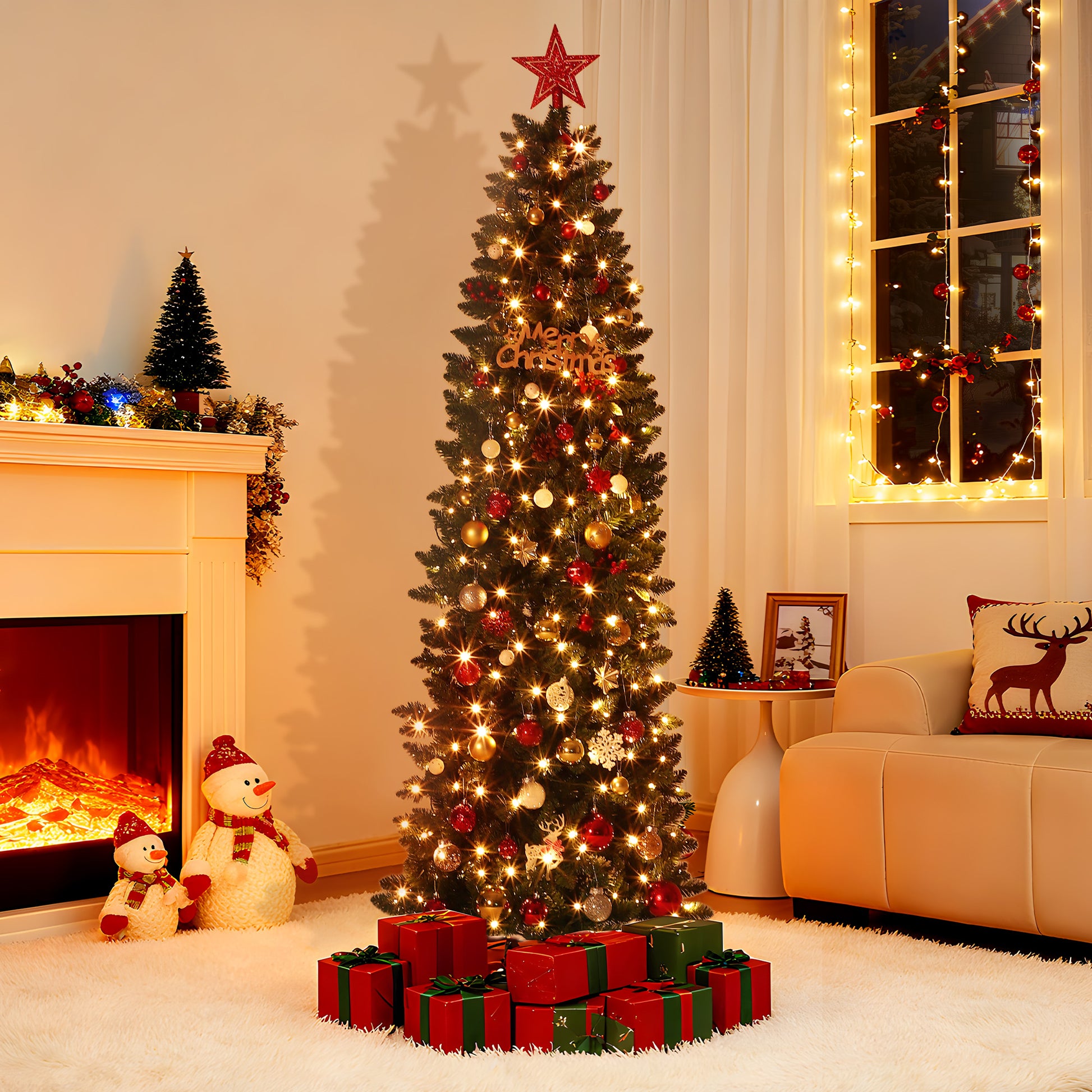 Garvee 12ft Christmas Tree, Prelit Artificial Pencil Xmas Tree with Dual-color LED Lights, Easy Assemble, Xmas Decor for Home Party Office Mall Holiday