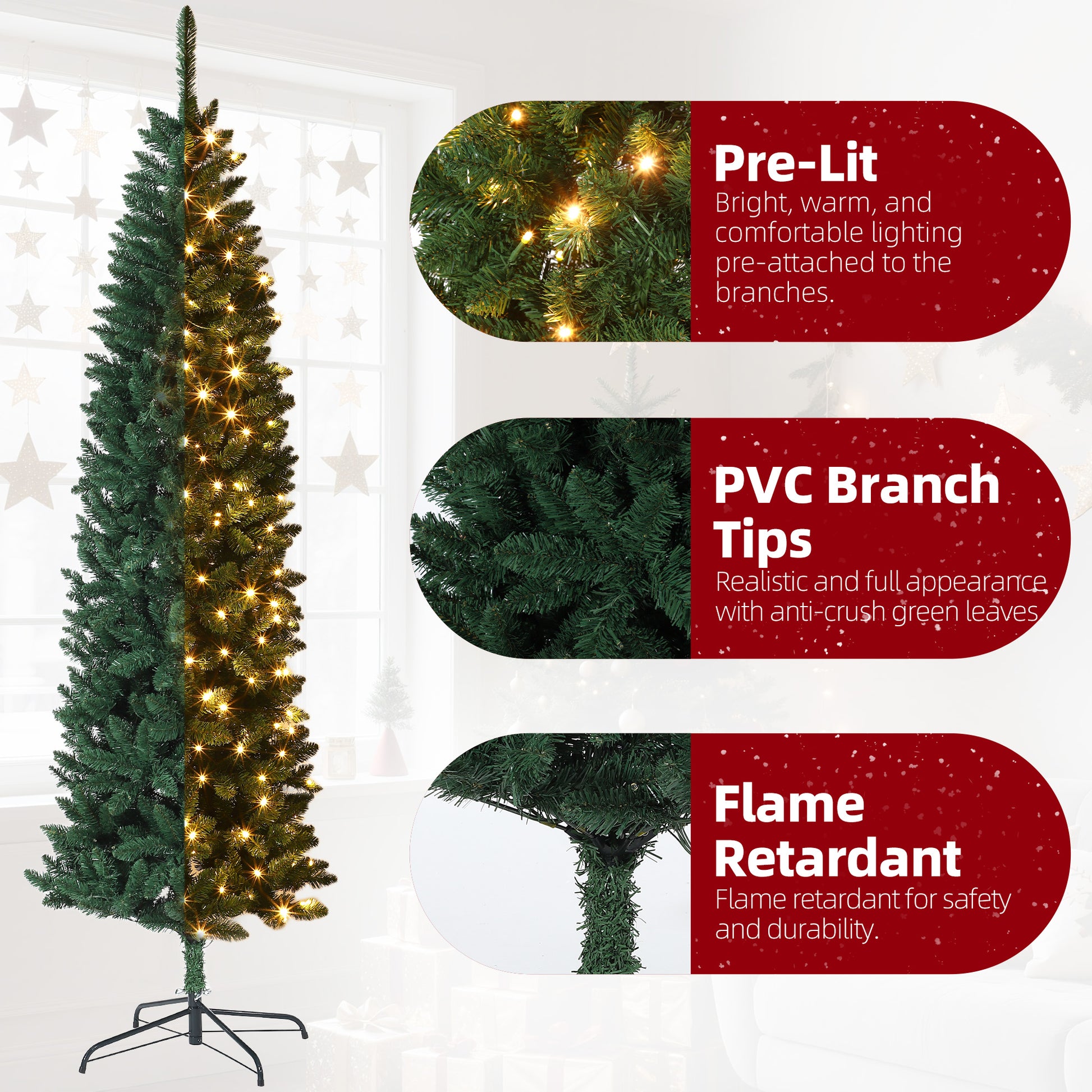 Garvee 12ft Christmas Tree, Prelit Artificial Pencil Xmas Tree with Dual-color LED Lights, Easy Assemble, Xmas Decor for Home Party Office Mall Holiday