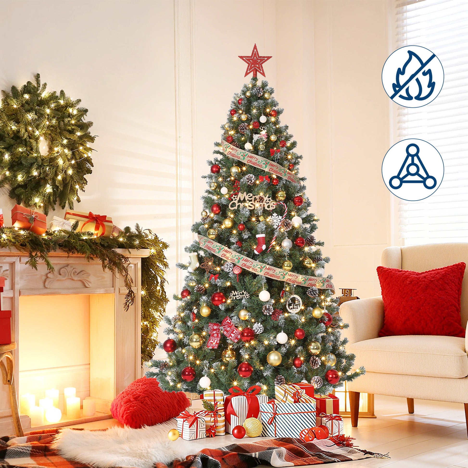 Garvee 7.5ft Artificial Christmas Tree with 1346 PVC Branch Tips, Snow-Frosted Pine Cones, Metal Stand, Partially Flocked, Durable PVC, Sturdy Base, Home & Office Decor