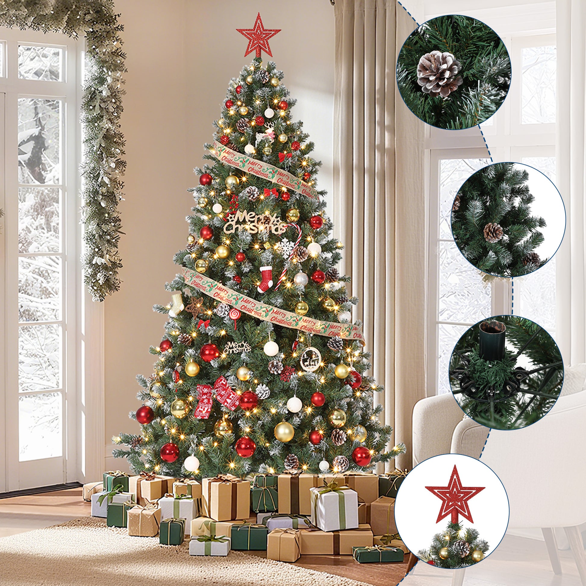 Garvee 4.5ft Pre-Lit Christmas Tree with 359 Tips, Snow Flocked PVC Branches, Metal Stand, White Pine Cones, Full Artificial Holiday Décor for Home & Office
