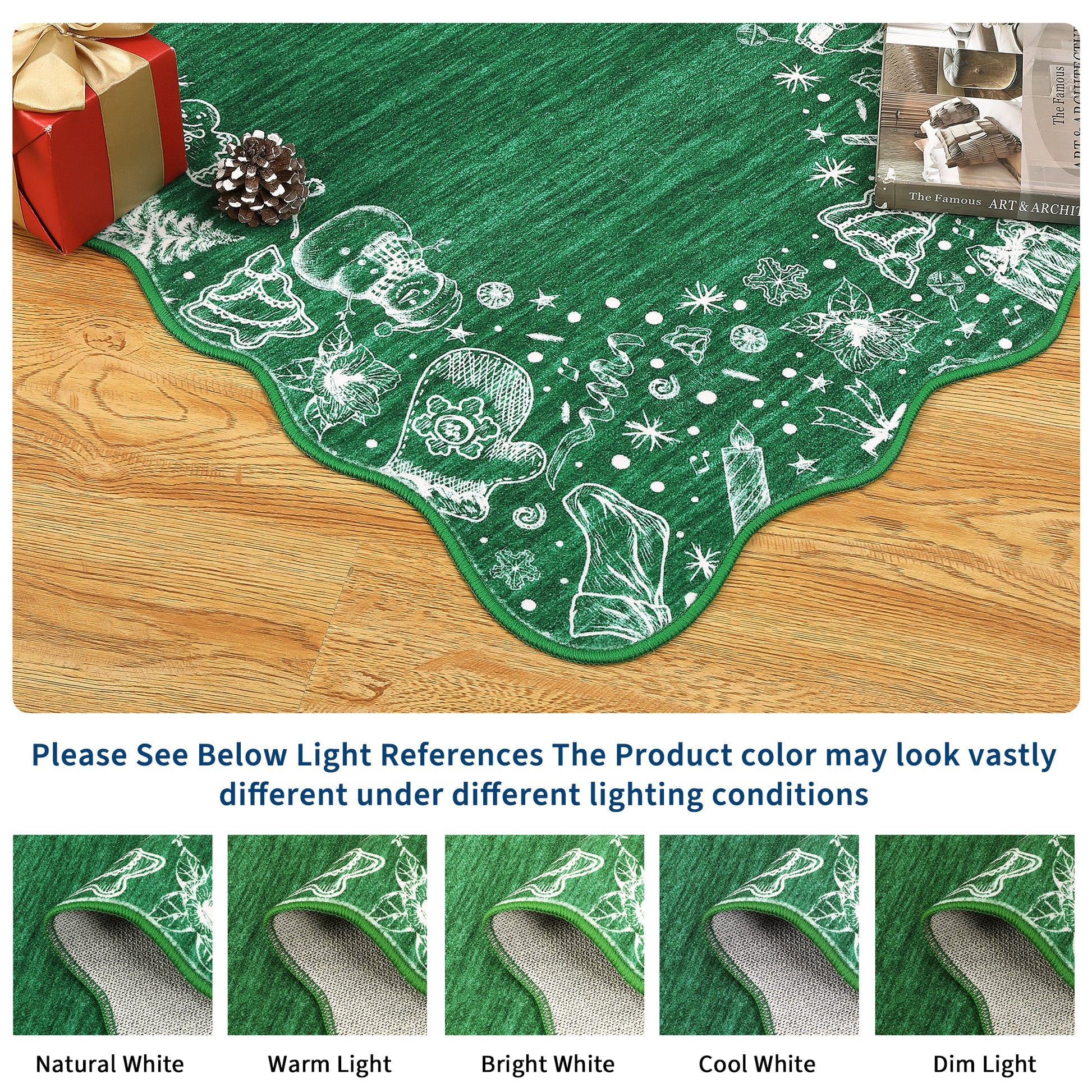 Garvee Christmas Area Rug Washable Scalloped Bedroom Carpet with Non-Slip Backing, Non-Shedding Low Pile Indoor Floor Carpet, Foldable Accent Rug for Living Room, Nursery