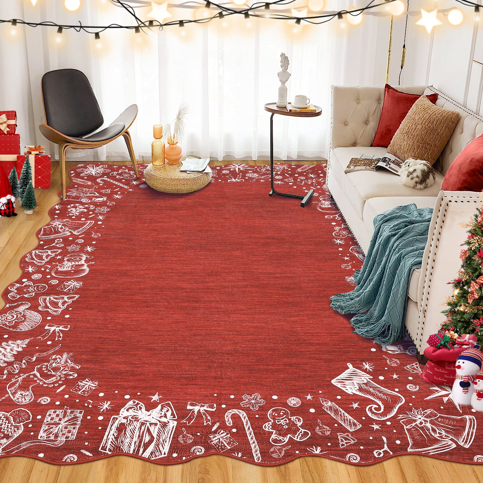 Garvee Christmas Area Rug Washable Scalloped Bedroom Carpet with Non-Slip Backing, Non-Shedding Low Pile Indoor Floor Carpet, Foldable Accent Rug for Living Room, Nursery