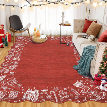 Garvee Christmas Area Rug Washable Scalloped Bedroom Carpet with Non-Slip Backing, Non-Shedding Low Pile Indoor Floor Carpet, Foldable Accent Rug for Living Room, Nursery