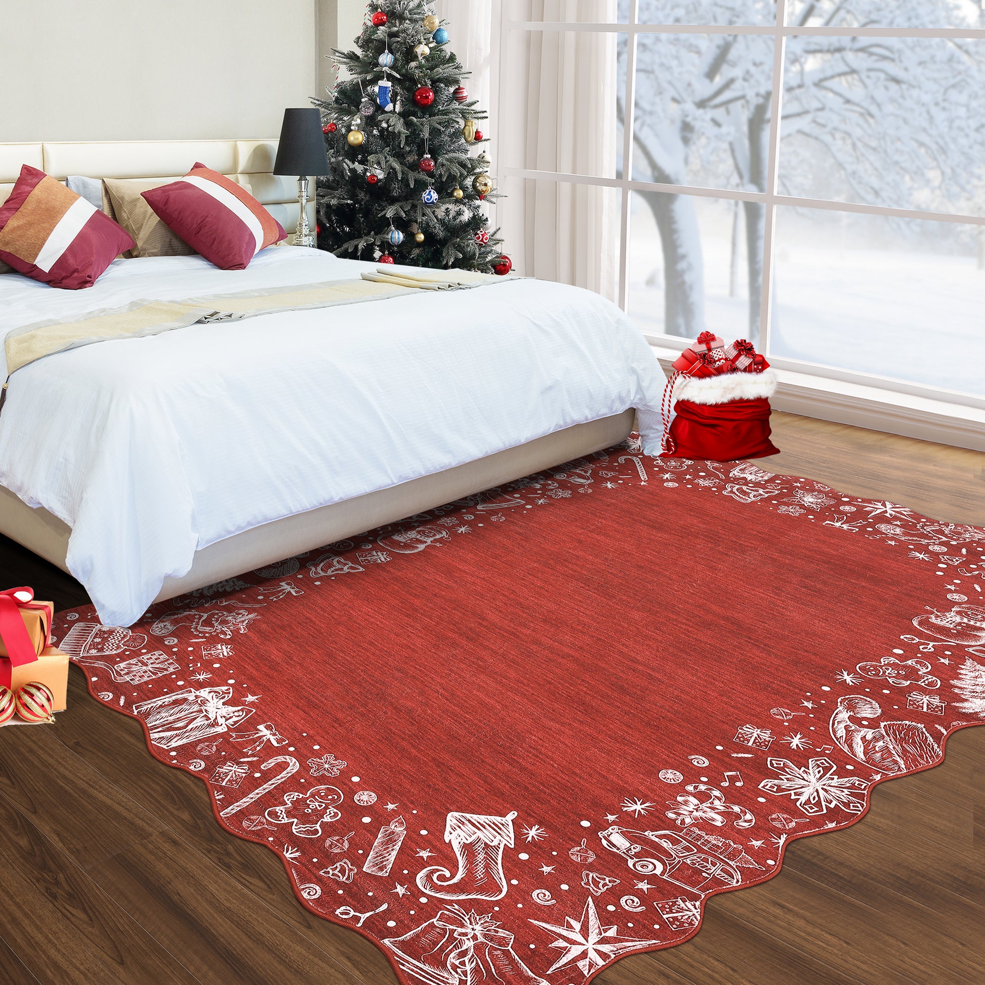 Garvee Christmas Area Rug Washable Scalloped Bedroom Carpet with Non-Slip Backing, Non-Shedding Low Pile Indoor Floor Carpet, Foldable Accent Rug for Living Room, Nursery