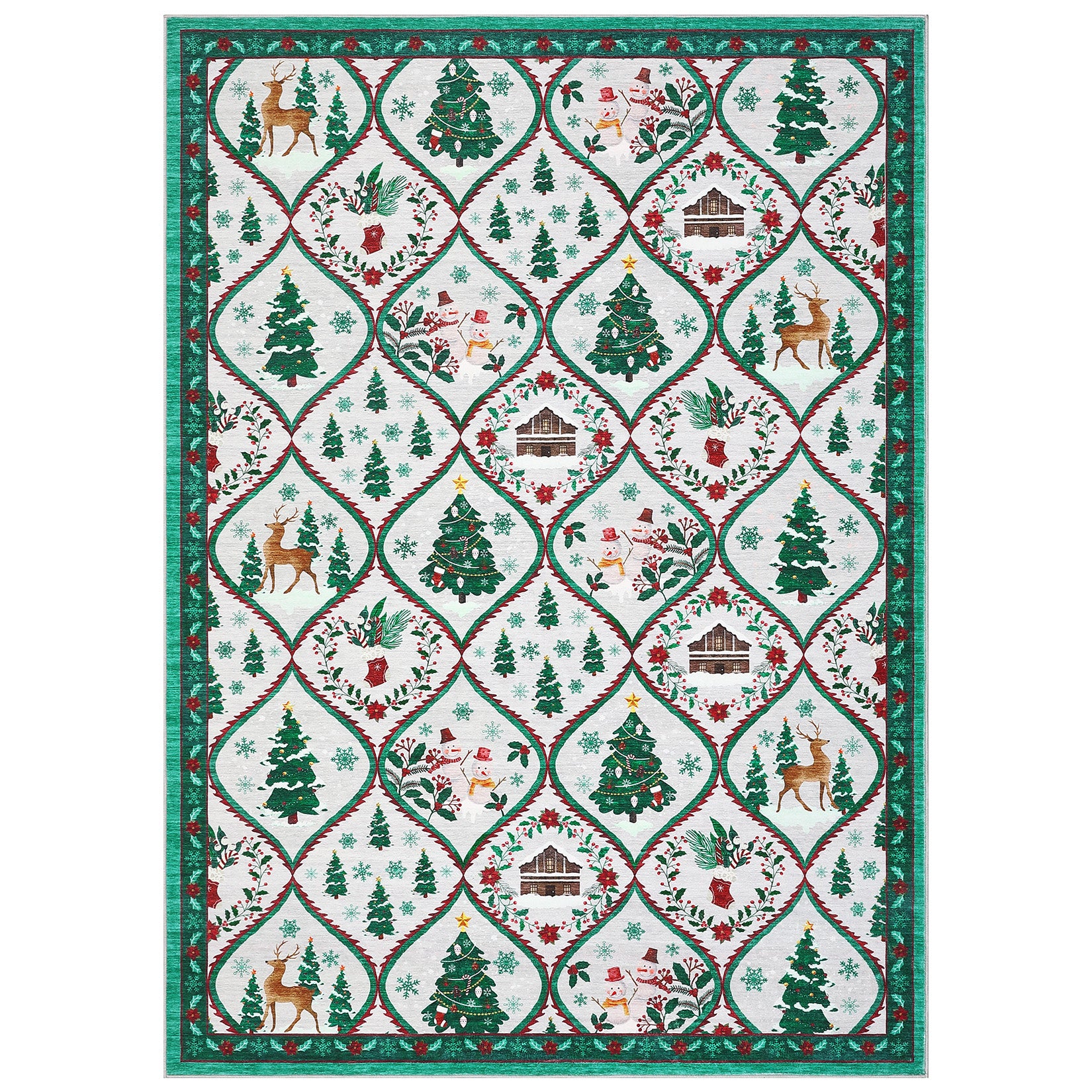 Garvee Christmas Washable Area Rug 8x10 Non-Slip Low Pile Faux Wool Durable Stain Resistant Beige Green Living Room Bedroom