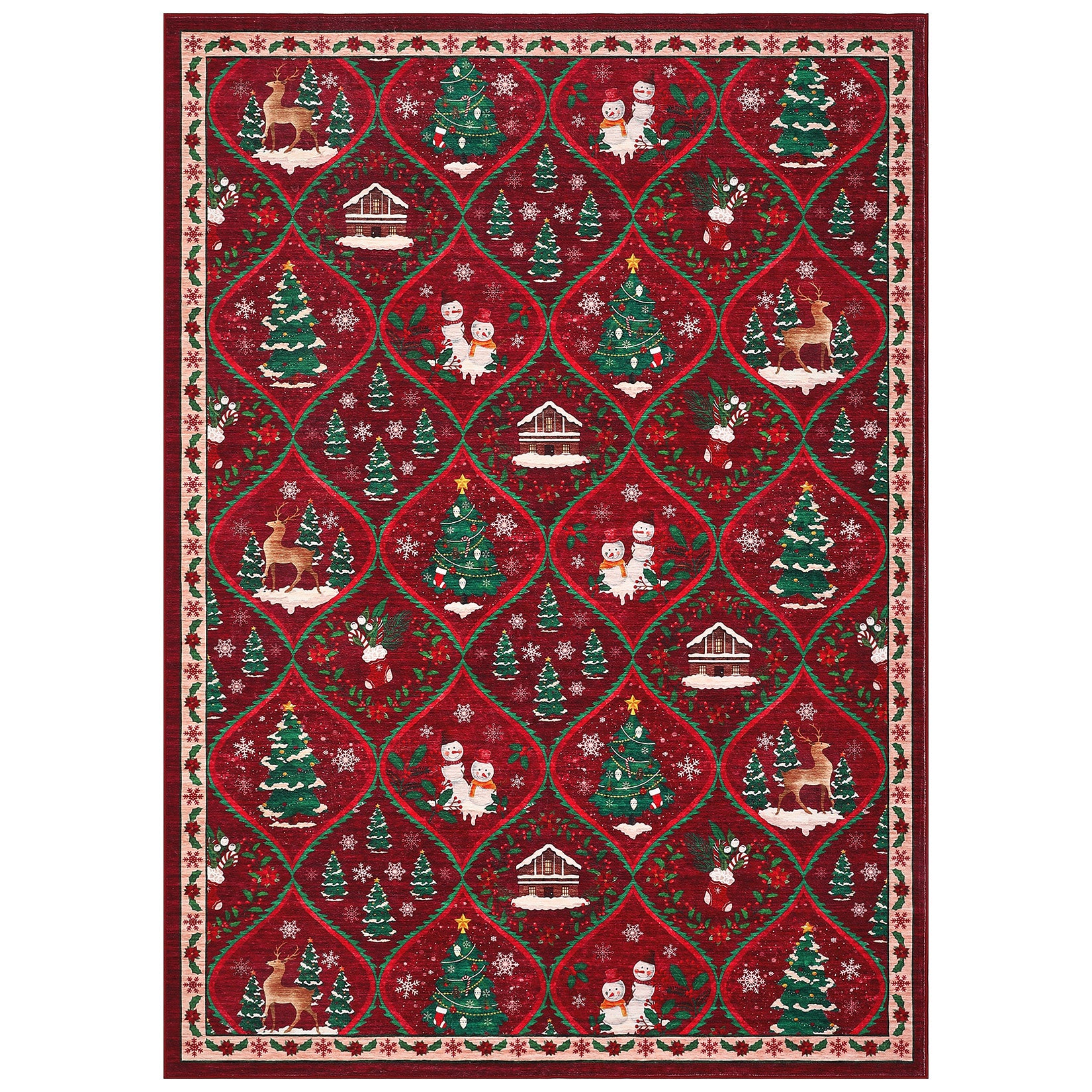 Garvee Christmas Washable Rug 5x7 Red - Non-Slip, Stain Resistant - Low Pile, Durable Faux Wool - Living Room, Bedroom, Office Decor