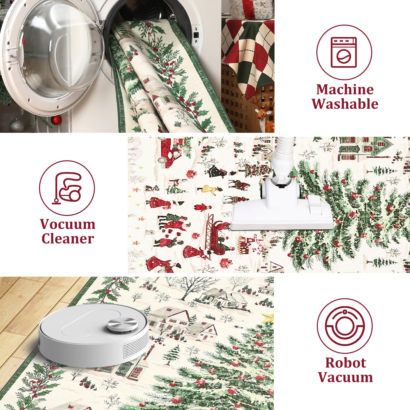 Garvee Christmas Runner Rug 2x6 Red Polyester Non-Slip Soft Faux Wool Washable Foldable Holiday Decor for Living Room Hallway