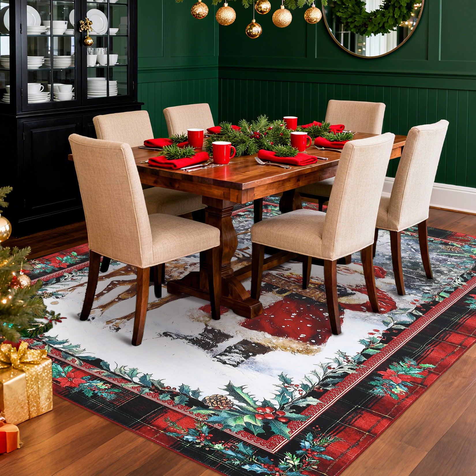 Garvee Christmas Kitchen Rugs and Mats Santa Claus Elk Non Slip Rugs Christmas Floor Mats for Kitchen Home Hallway Holiday Decor Red 9*12Ft