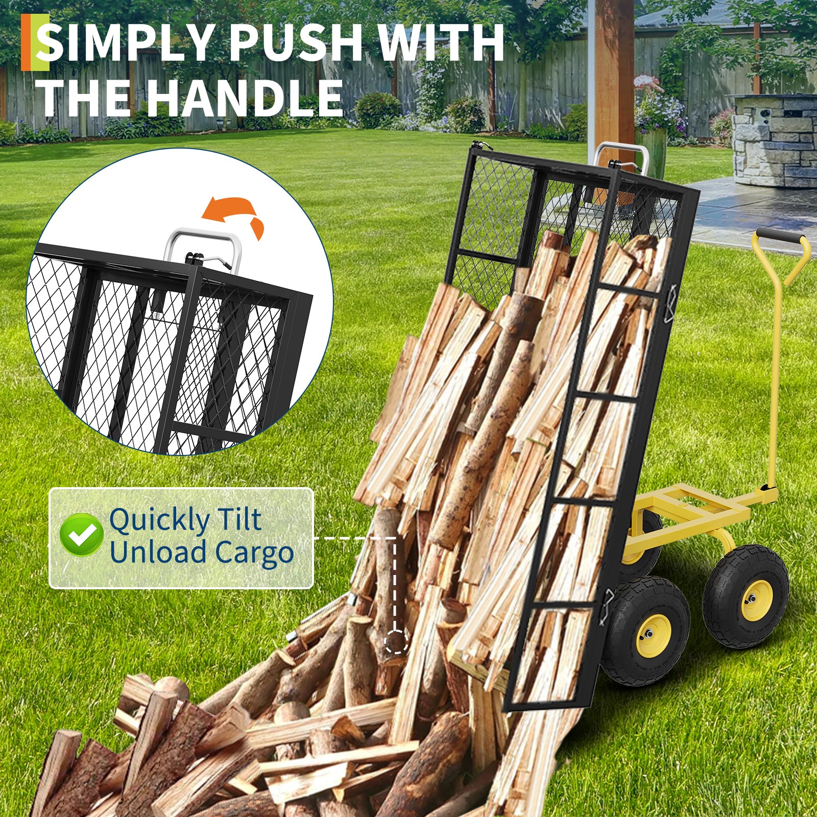 Garvee Garden Dump Cart Heavy Duty Steel 900 LBS Load Capacity Quick-Release Dumping Removable Sidewalls 10" Pneumatic Tires 180° Swivel Handle Yard Farm Utility