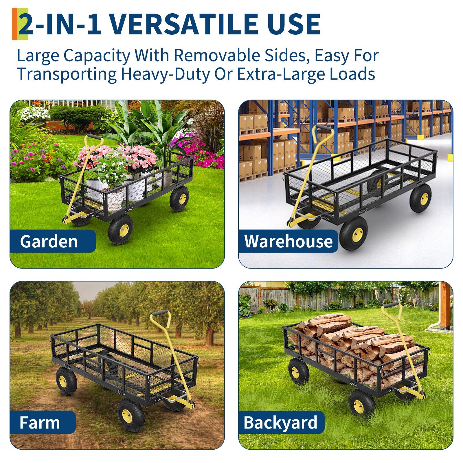 Garvee Garden Dump Cart Heavy Duty Steel 900 LBS Load Capacity Quick-Release Dumping Removable Sidewalls 10" Pneumatic Tires 180° Swivel Handle Yard Farm Utility