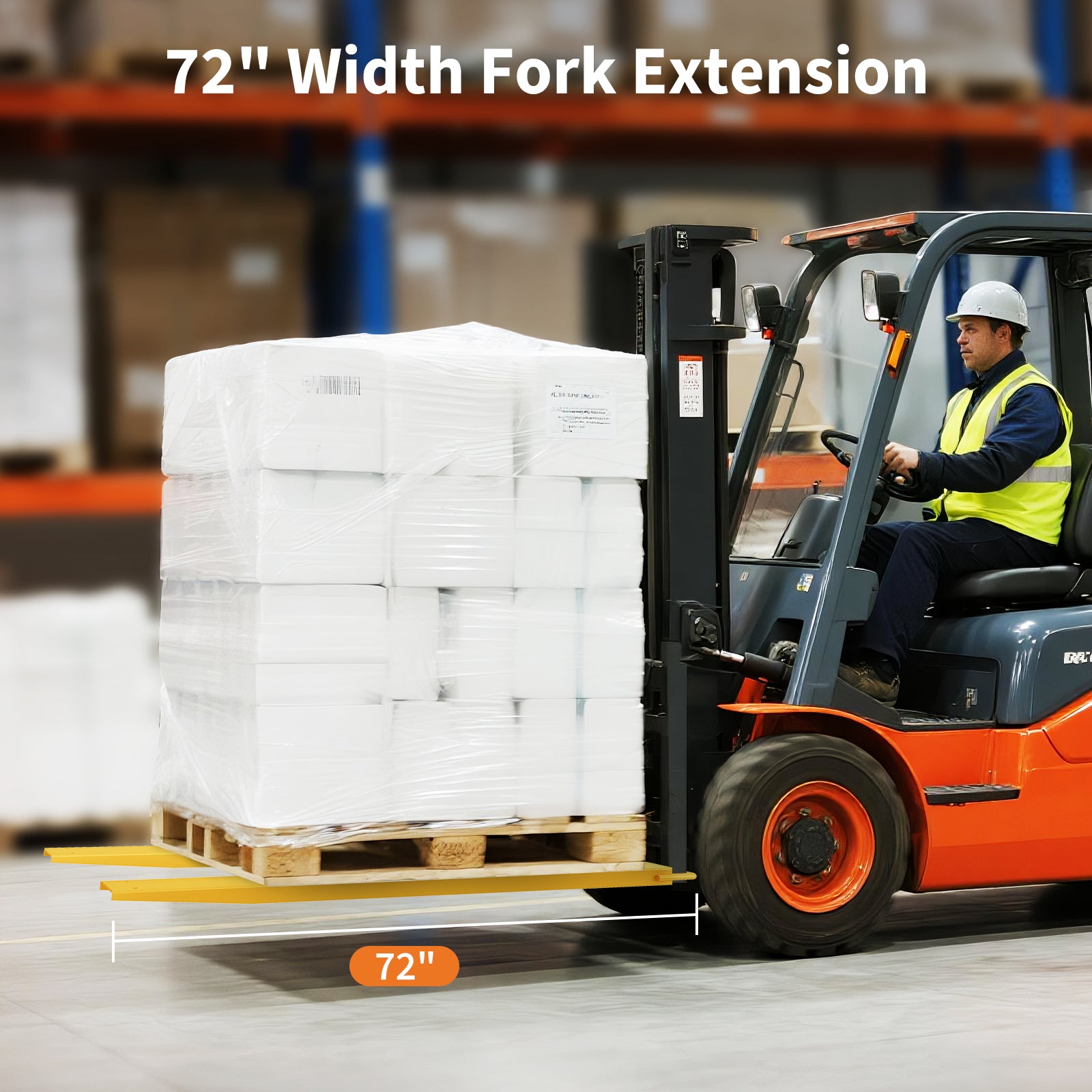 Garvee 72 Inch Forklift Fork Extensions 5mm Steel Heavy-Duty, Tool-Free Installation, Steel Strap Safety, Yellow, 4.5 Inch Inner Width, Warehouse Use