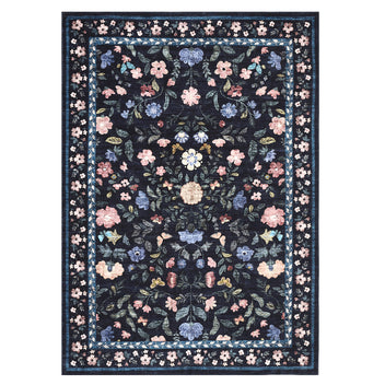 Garvee Washable Area Rug 8x10 Non-Slip Soft Vintage Living Room Rug, Low Pile Farmhouse Floral Carpet, Non-Shedding Foldable Printed Rugs for Home Office Kids Playroom, Dark grey blue
