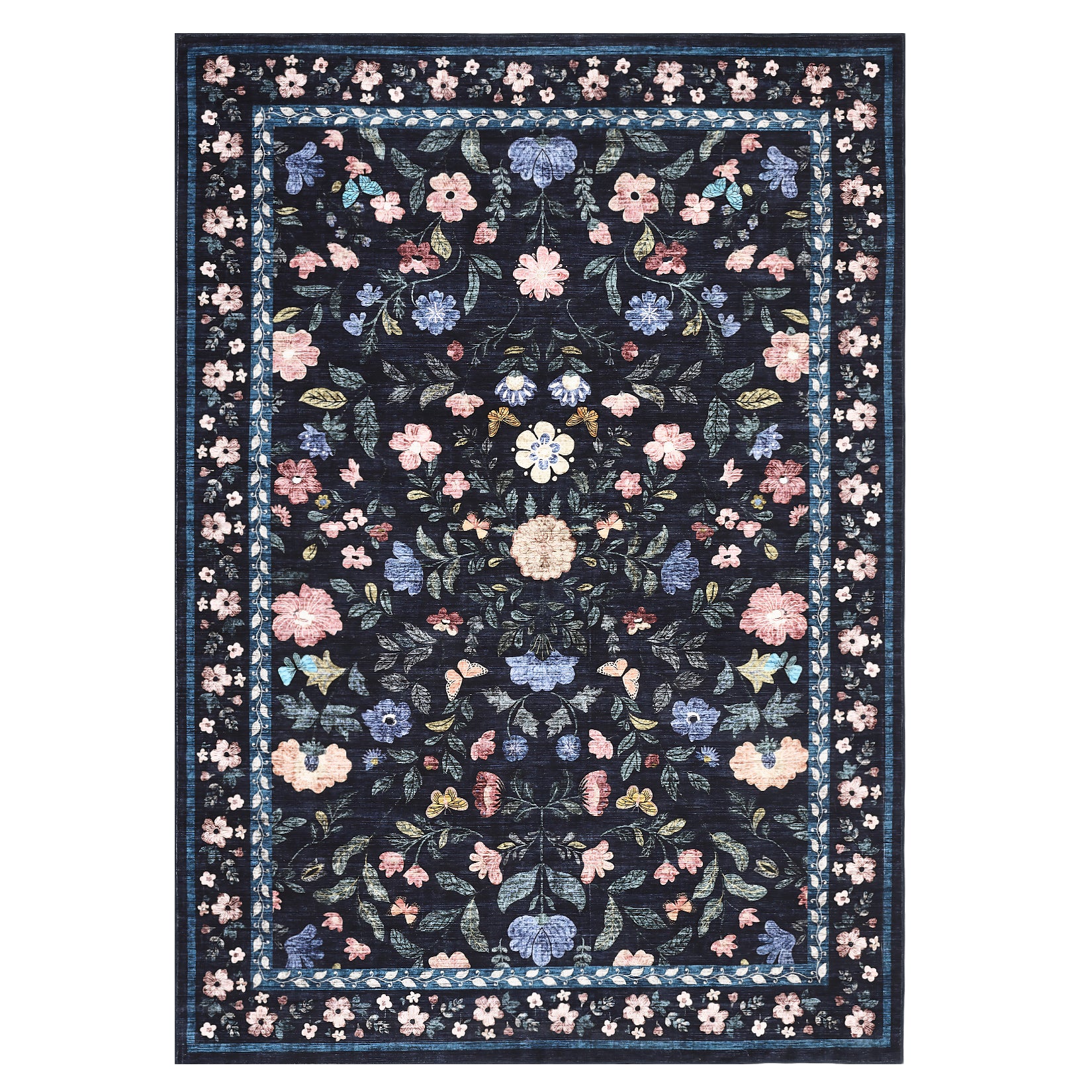 Garvee Washable Rug 6x9 Low Pile Farmhouse Floral Rug Non-Shedding Indoor Foldable Carpet Dark Blue