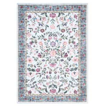 Garvee Large Washable Area Rug 10x13 Light Blue - Soft Low Pile, Non-Slip Rubber Backing - Faux Wool, Vintage Floral Design - Foldable, Non-Shedding - Living Room, Bedroom, High-Traffic Areas
